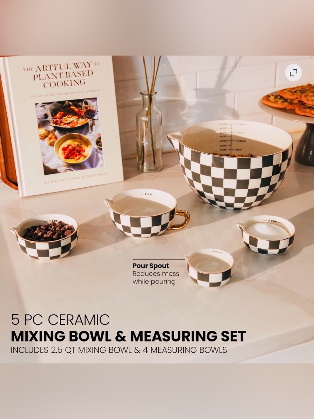 Thyme & Table 5-Piece Ceramic Mixing Bowl and Measuring Set - Black Checkered